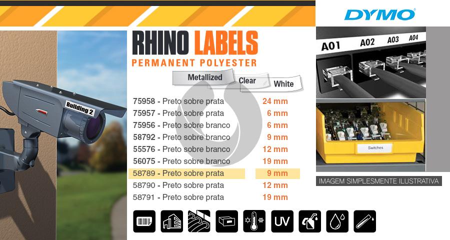 Fita Dymo Rhino 18485 (18760)  9mmx5,5m Preto sobre Prata