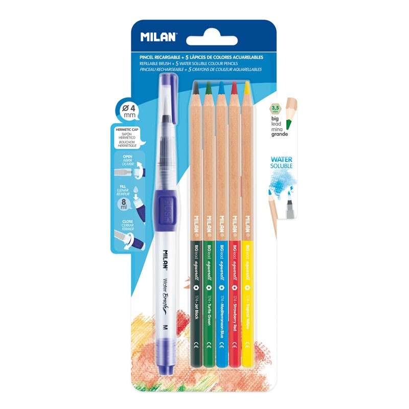 Lápis Cor Aguareláveis Milan BWM10401 Emb.5 + Pincel Água